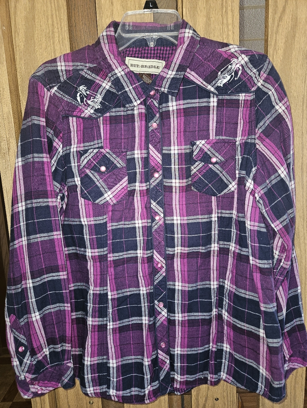Bit & Bridle Sz 1x Long Sleeve Collared Snapback Flap Pockets Plaid Purple Pony
